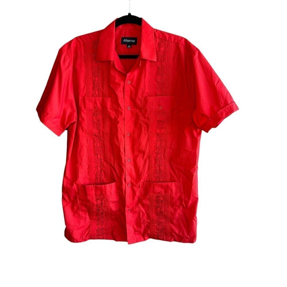 Allsense Men's Red Cuban Guayabera Short Sleeve Shirt Size Medium